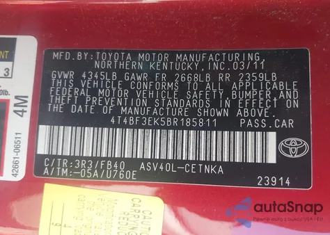 2011 Toyota Camry Le из США, поврежденный, VIN 4T4BF3EK5BR185811